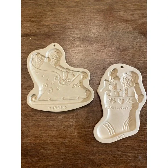 2 Brown Bag Cookie Mold Santa Sleigh‎ Ceramic vintage 1993, 1997 Santa Stocking