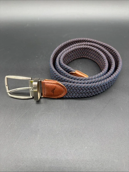 Tommy Bahama Blue Brown Braided Reversible Stretch Belt Silver Buckle Size L/XL