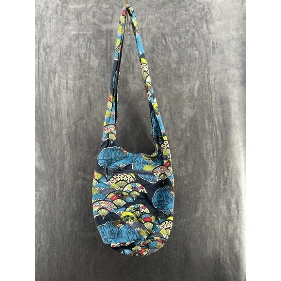 Boho Cotton Sling Crossbody Hobo Bag Blue Floral Zip Shoulder Purse
