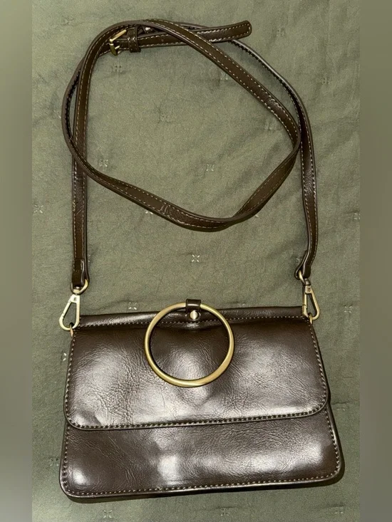 Joy Susan Aria Ring Bag Brown Leather Crossbody Bag with Gold Ring Accent