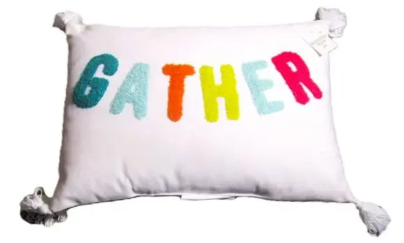 GATHER Decorative Pillow White with Colorful Chenille Letters Tassels 10x14 inch