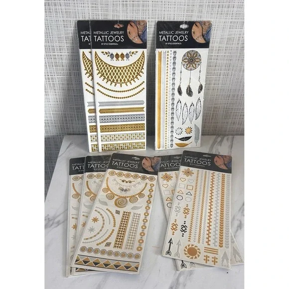 Metallic‎ Jewelry Tattoos Gold Silver Temporary Costume Concert Bundle of 8 TT