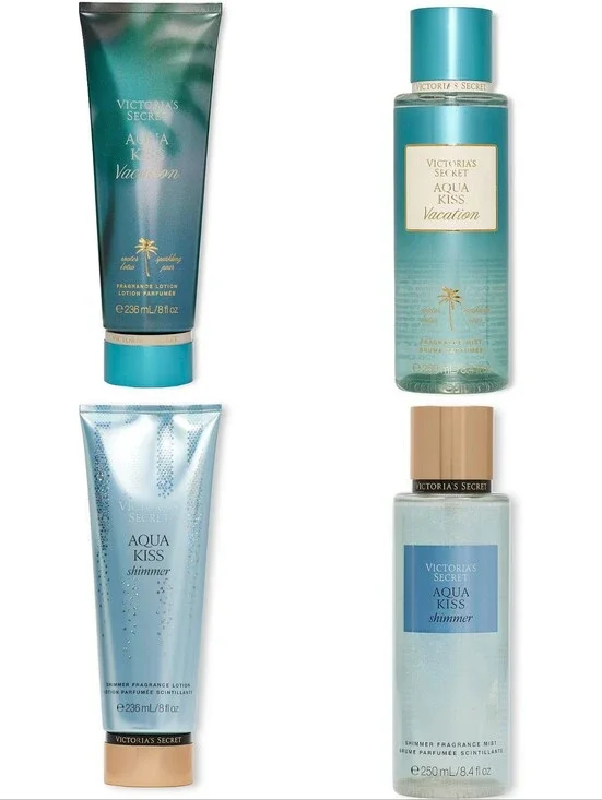 Victoria's Secret Aqua Kiss Vacation & Shimmer Body Lotion and Mist 4 Piece Set