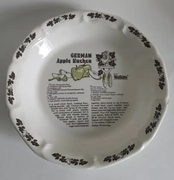 Watkins German Apple Kuchen Recipe Pie Plate 1983 Ceramic 11 Inch Vintage
