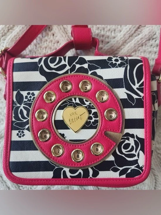 Betsey Johnson Pink Black White Floral Rotary Crossbody Bag‎