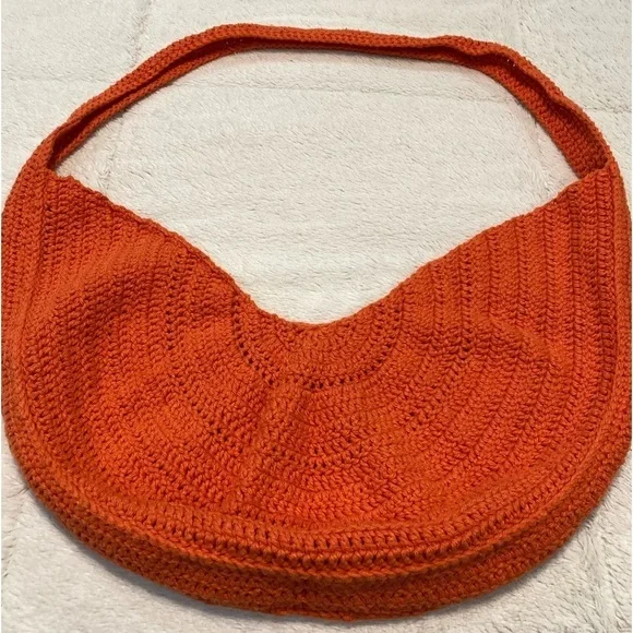 Hand Crafted, Crocheted Orange‎ Half Moon Bag EUC