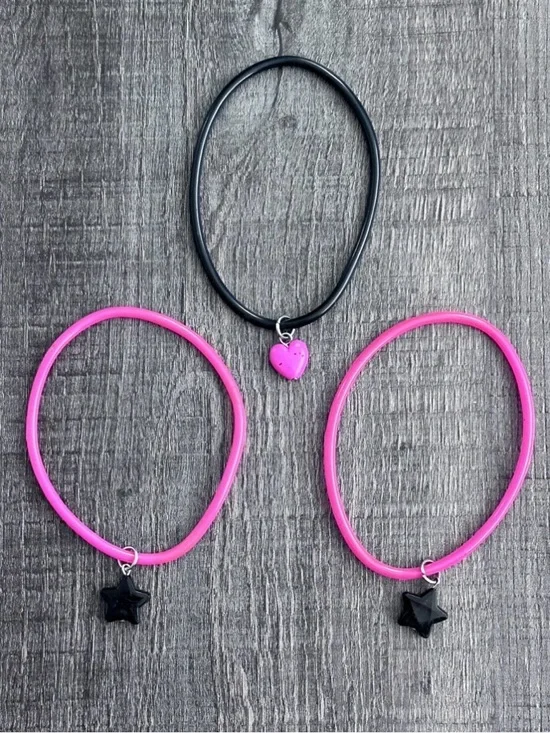 💞 Set of 3 Pink & Black Soft Plastic Jelly Bracelets with Heart & Star Charms