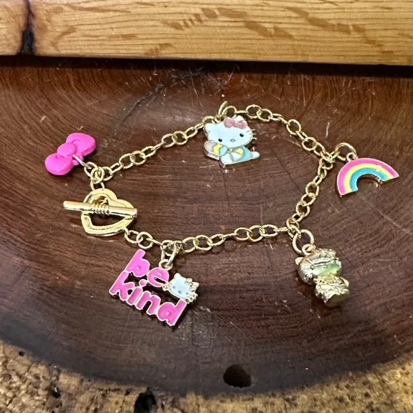 Hello Kitty Gold Bracelet with Pink and Rainbow Charms Heart Tiffany Clasp