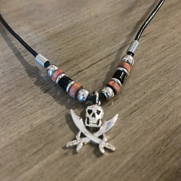 SKULL AND SWORDS PENDANT BEADED CORDED NECKLACE BLACK SILVER TONE UNISEX
