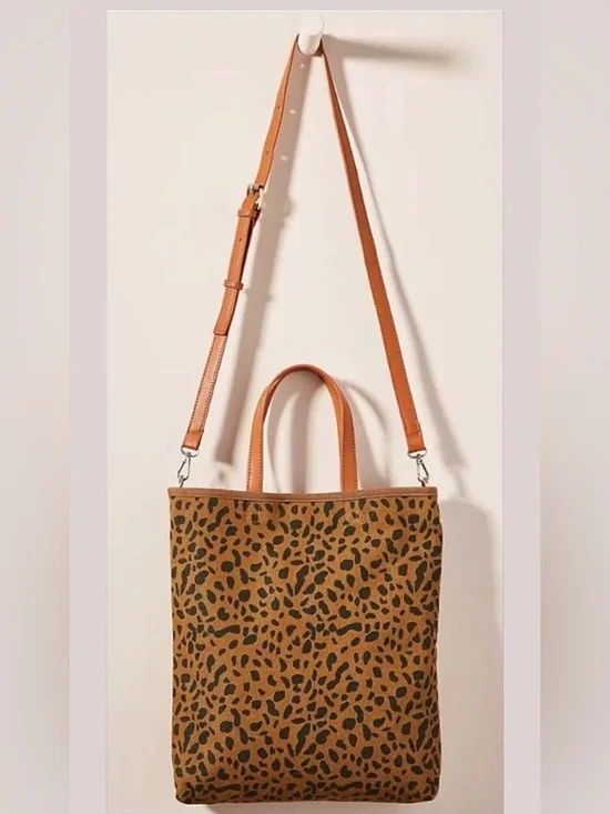 By Anthropologie Leopard Canvas Tote Bag Alena Set with Pouch & Crossbody Strap