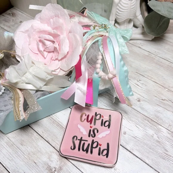 Cupid Is Stupid Small Pink Decorative Trinket Dish Ring Jewelry Valentine’s Day