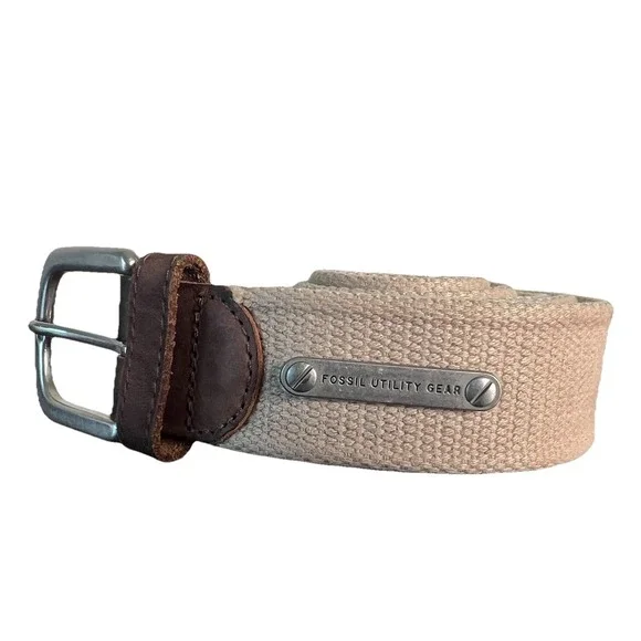 Fossil Utility Gear Mens Khaki Canvas Webbing Leather Belt Size 40 MB4064250