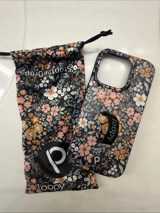 Loopy Case Black Floral Phone Case with Peach & White Flowers