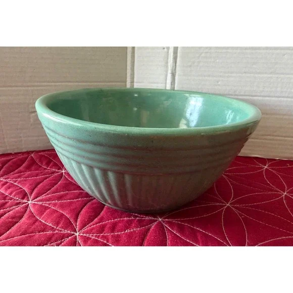 Vintage Teal Green Ribbed Stoneware Mixing Bowl Ceramic Farmhouse Kitchen Decor
