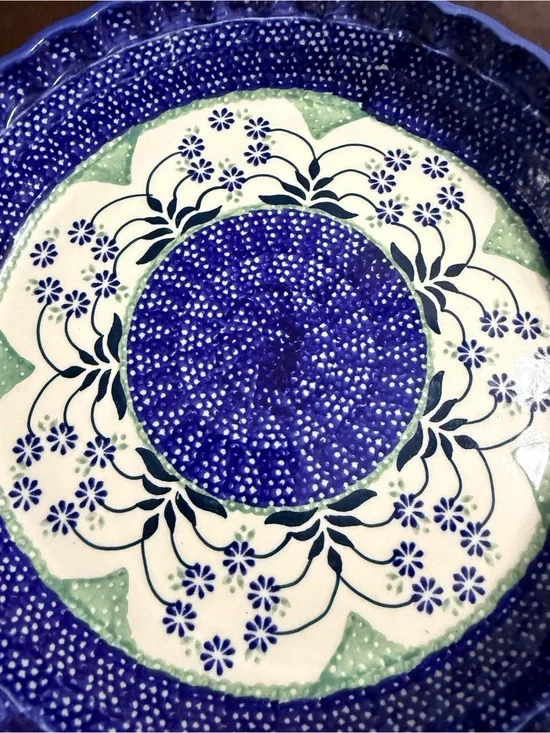Polish Pottery Hand-Painted Blue Ceramic Pie dish- Decorative Home Kitchen Plate