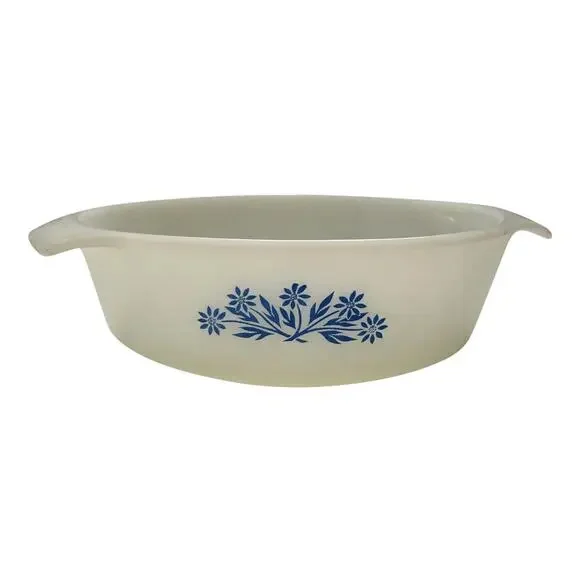 Vintage Anchor Hocking Milk Glass Blue Cornflower Print Serving Dish White