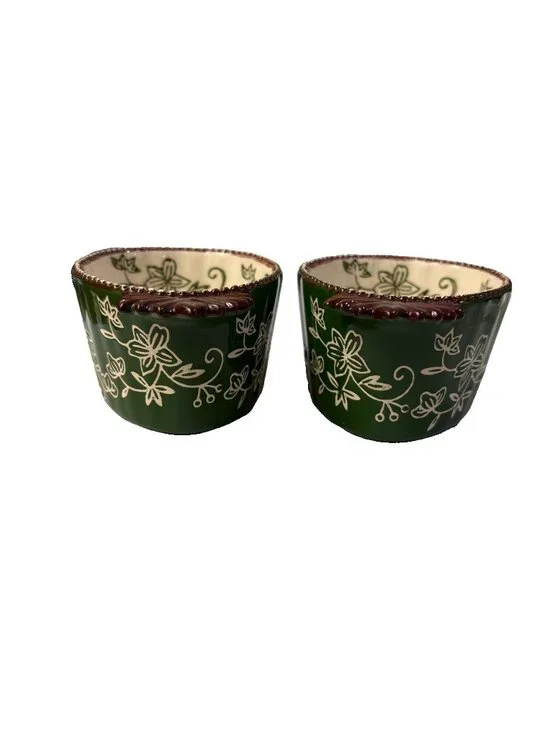 Temptations By Tara Green & Brown Floral Lace 8oz Set of 2 Ramekins