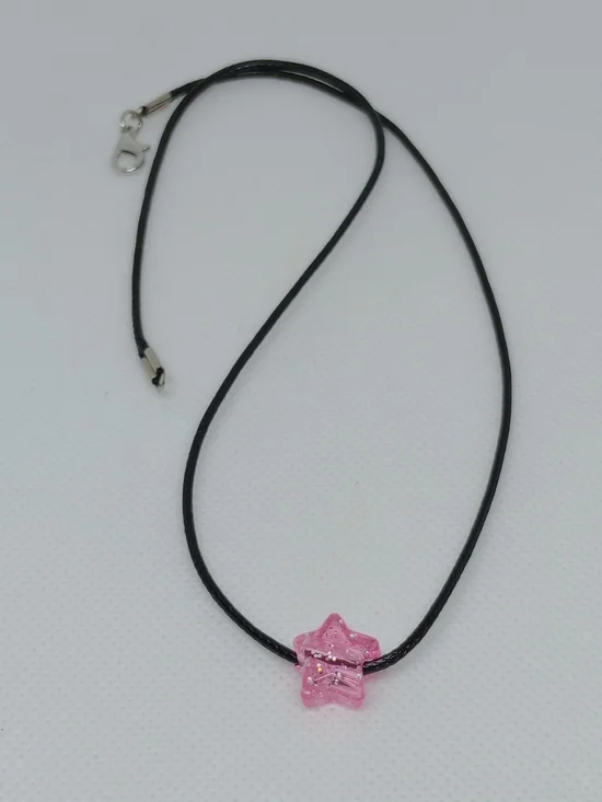 Pink Star Pendant on Black Cord Necklace