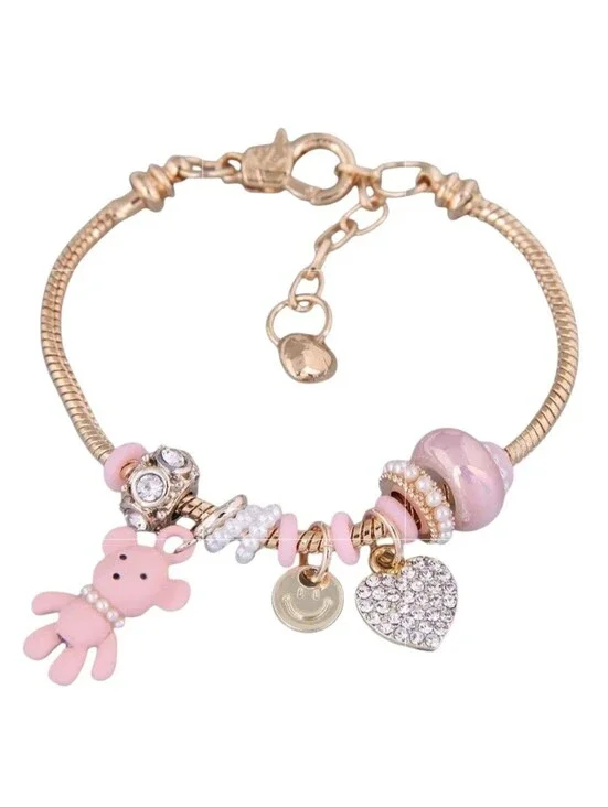 Heart and Teddy Bear Charm Bracelet Pink Zircon Heart Charm