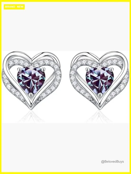 Sterling Silver Heart Stud Earrings with Created Alexandrite Gem