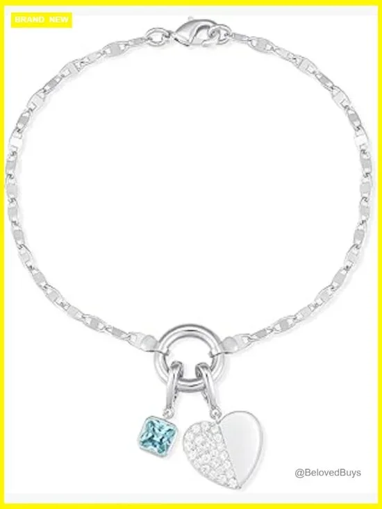 Sterling Silver Charm Bracelet with Heart and Mirror Chain, Hinge Closure