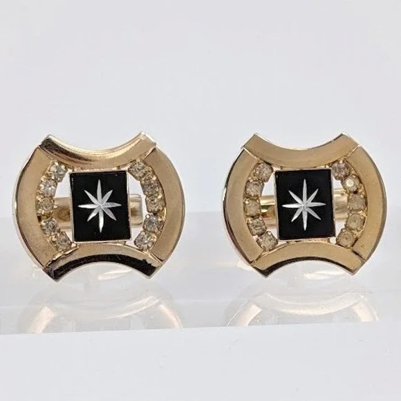 Vtg Atomic Starburst Cufflinks MCM Gold Tone Black Enamel Rhinestone Pat 2974381