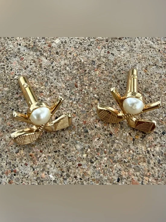 SWANK Gold Plate & Faux Pearl Golf Clubs & Ball Cufflinks Wedding Formal Vintage
