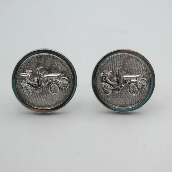 Vintage Shields Dante Silver Tone Antique Car Cufflinks Mid Century 60s Model T