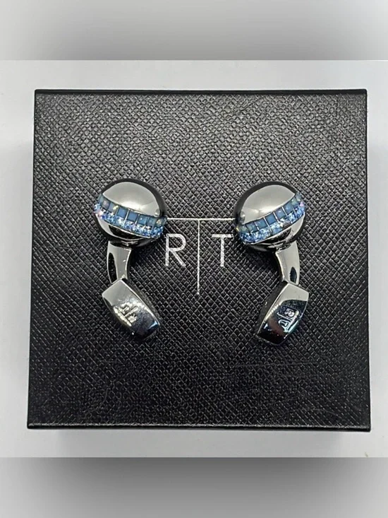 R|T by Robert Tateossian London Swarovski Blue Crystal Cufflinks Rhodium w Box