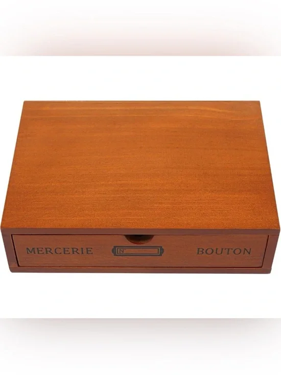Wooden Mercerie Bouton Button Drawer Box - Warm Brown