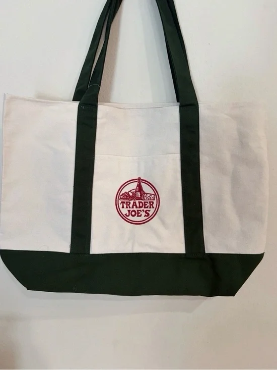 Trader Joe's White & Dark Green Canvas Tote Bag