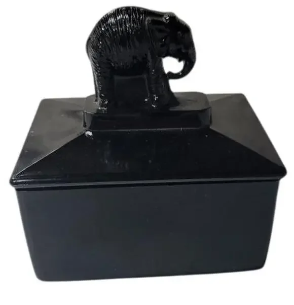 🐘 L.E. Smith No.2 Elephant Black Amethyst Glass Cigarette Box w/ Lid VTG Deco