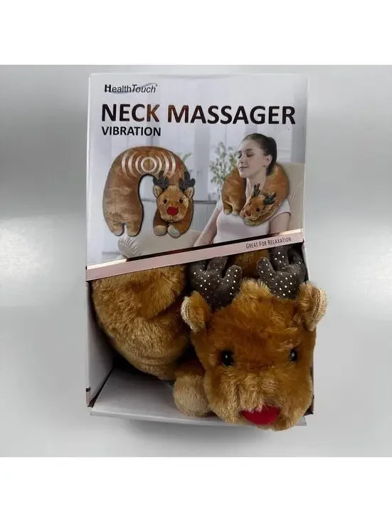 HealthTouch Neck Massager Unisex OS Brown Reindeer Plush Vibrating Travel Pillow