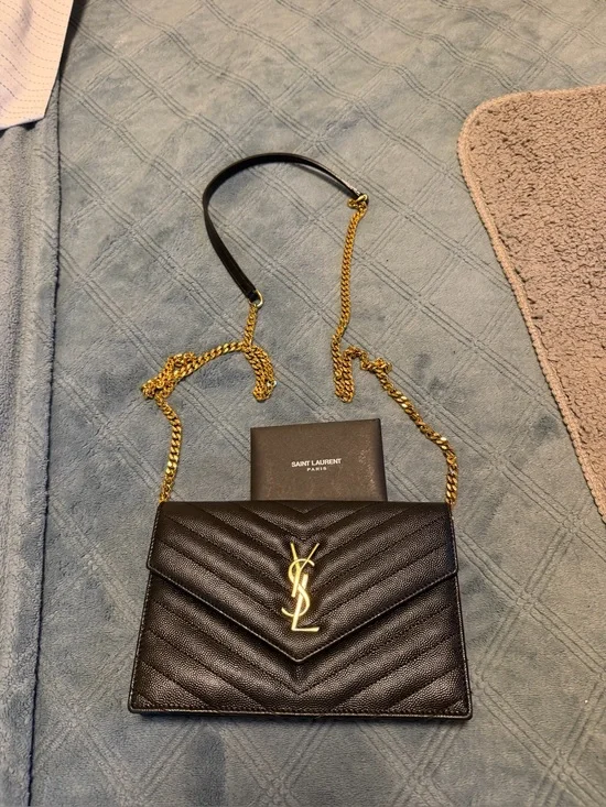 Saint Laurent Black Quilted Leather Chain Wallet - Black/Gold with box