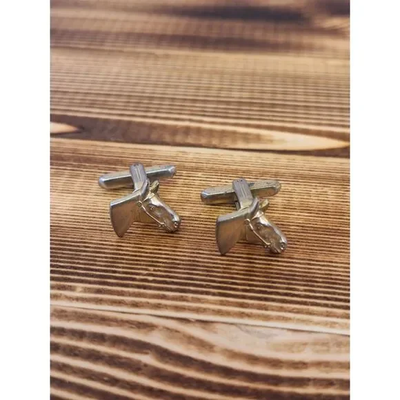 HORSE CUFFLINKS Vintage Western Cowboy Mens Cuff Links‎ Horse Heads Goldtone