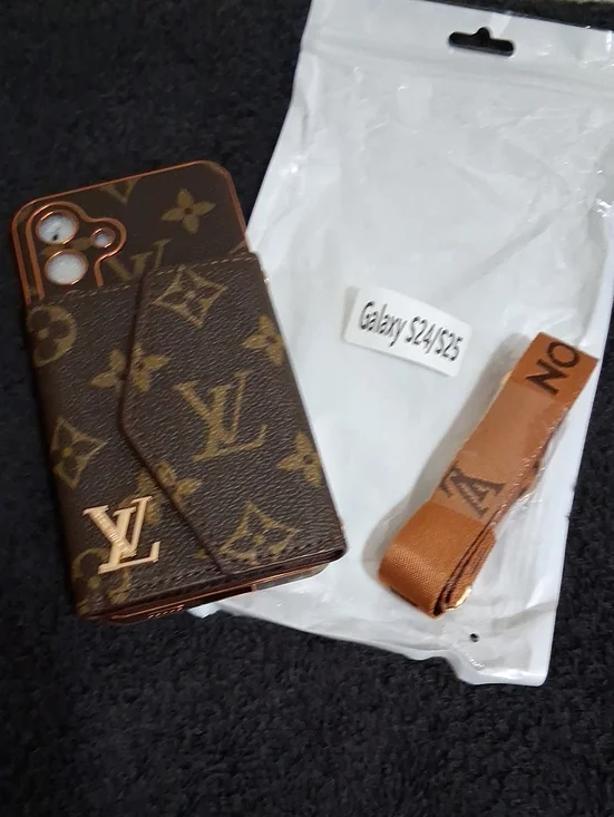Luxury Brown Faux Leather Monogram Wallet Phone Case -Nylon Strap-Galaxy S24/S25