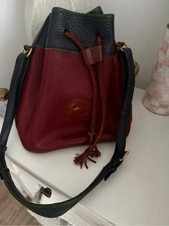 Very RARE Dooney & Bourke Burgundy Bucket Bag with Green Trim and Brown Accents