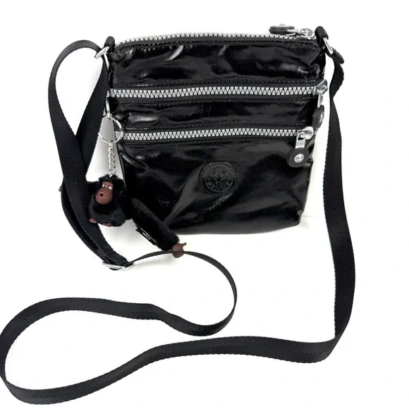 Kipling Alvar Crossbody Bag Small Shiny Black Triple Zip Monkey Charm NEW
