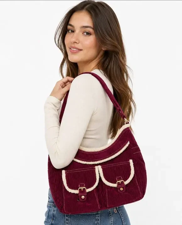 Y2K Indie Sleaze Burgundy Corduroy Sherpa Trim Shoulder Bag Unbranded Hobo Purse