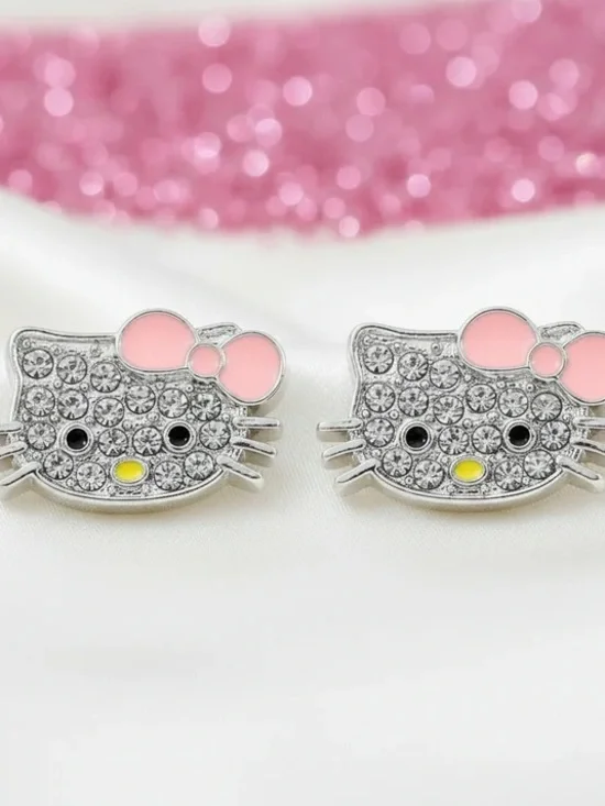 Girls Pink Bow Crystal Kitty Stud Earrings