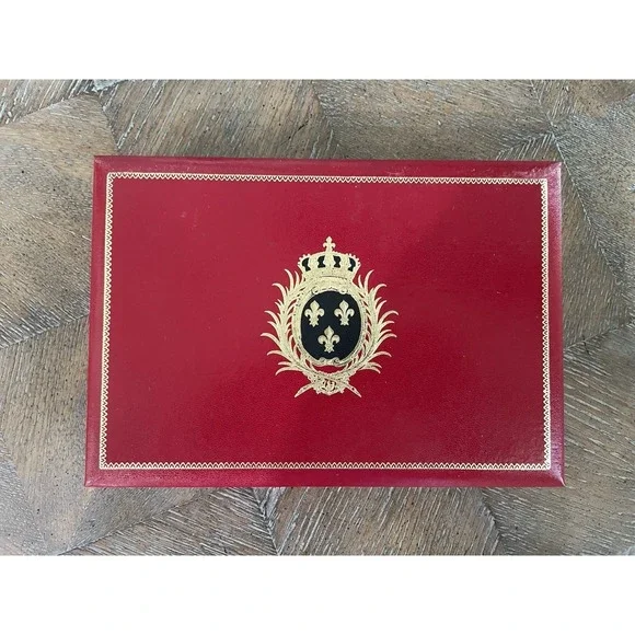 Vtg Red Leather Swank Men's Valet Cufflink Jewelry Box Sweden Fleur de Lis Crest