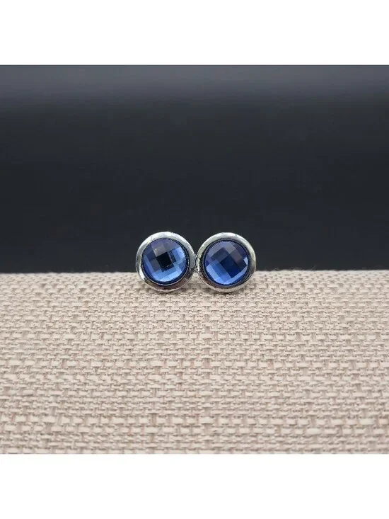 Vintage Silver Tone Faceted Blue Crystal Round Cufflinks Men's Formal Jewelry A8