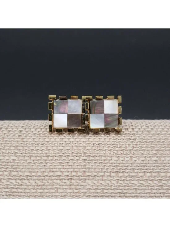 Vintage Gold Tone Mother of Pearl Checkerboard Square Cufflinks Mens Jewelry A80