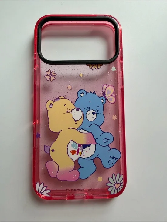 17 pro max Care Bears Pink Glitter Phone Case with Hugging Bears