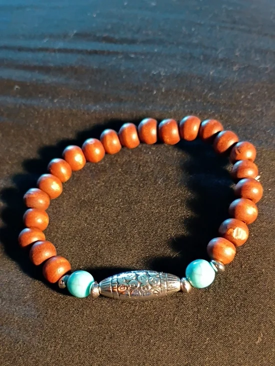 Handcrafted Wood Bead Bracelet with Turquoise Accent and Silver Tube