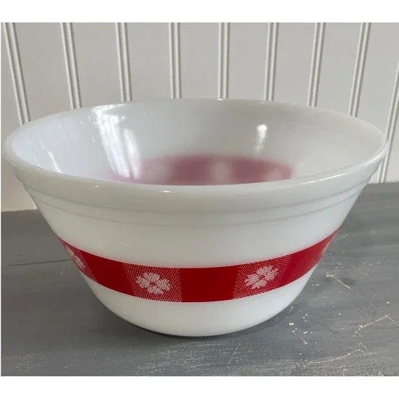 Federal Glass Red Floral Band Milk‎ Glass Mixing Bowl Vintage Heat Proof USA MCM