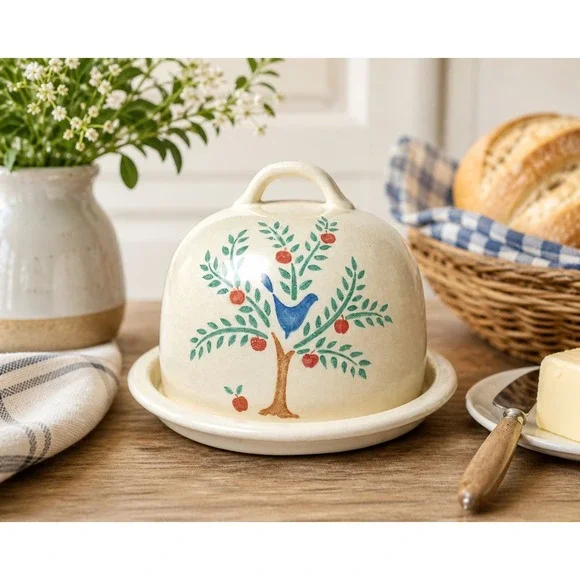 Vintage‎ Ceramic Butter Dish Cheese Dome Tree of Life Bird Farmhouse Decor