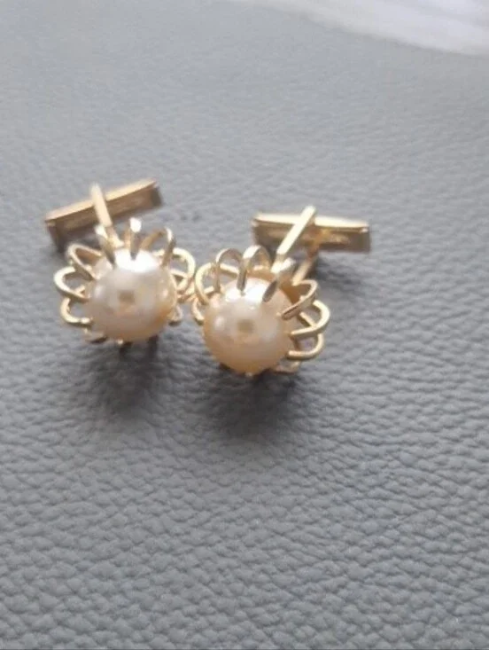 Pat Pend Cufflinks Faux Pearl Circa 1935-1955 Stamped Cuff Links Goldtone