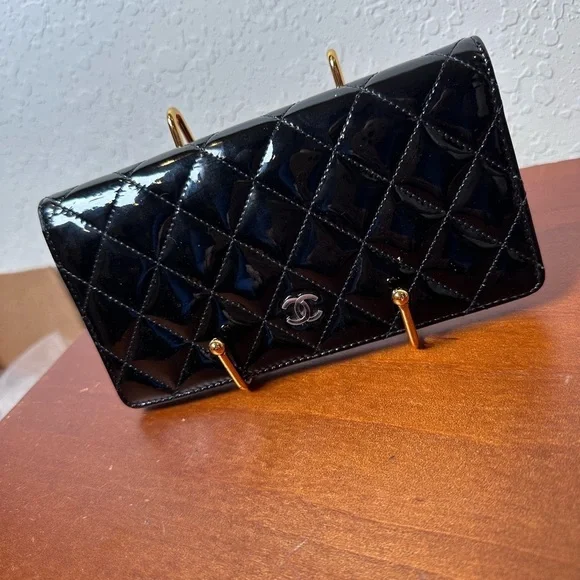 CHANEL Patent Quilted Zip Around Black Wallet