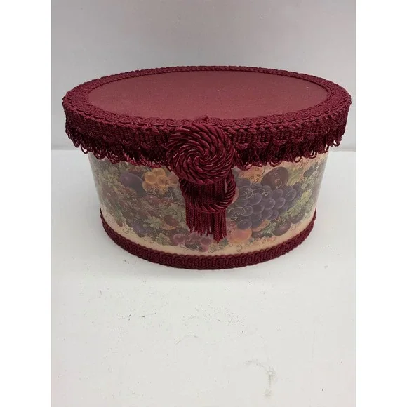 Vintage Glynda Turley 1993 Fruit Motif Decorative Hat Box Burgundy Tassel Oval